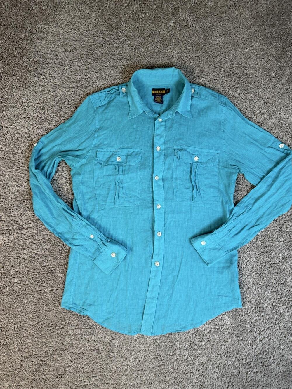 Ralph Lauren Rugby Shirt Womens 8 Blue Cotton Blend Long Sleeve Button Up